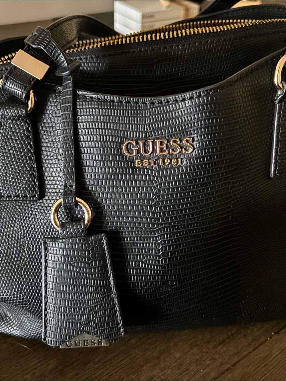 GUESS Black Textured Tote with Gold Logo Hardware